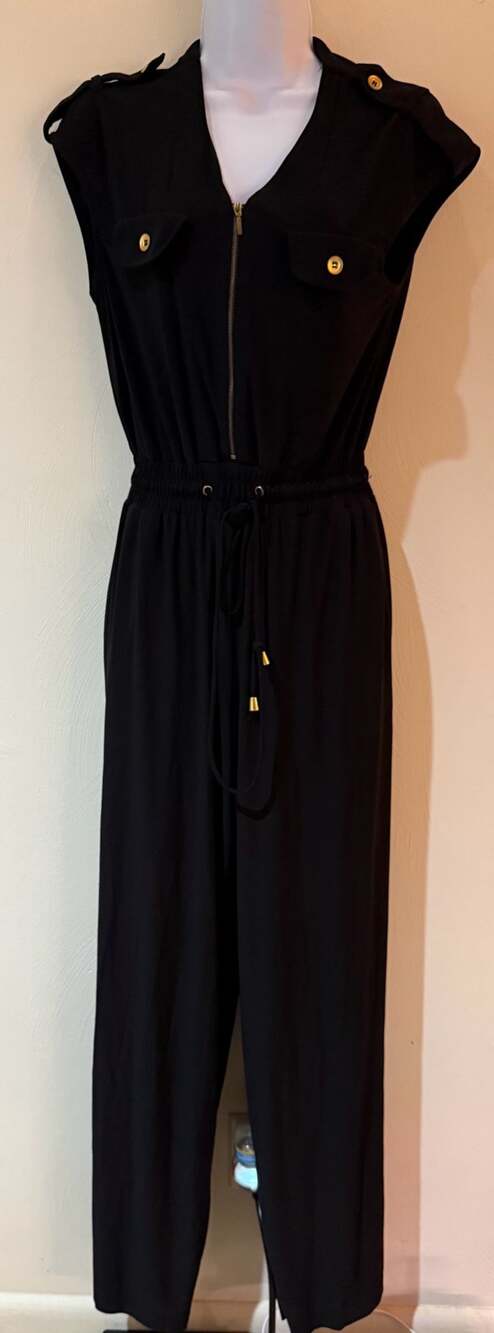 SoHo Apparel Black Utility Jumpsuit Small Gold Hardware Zip Front Drawstring